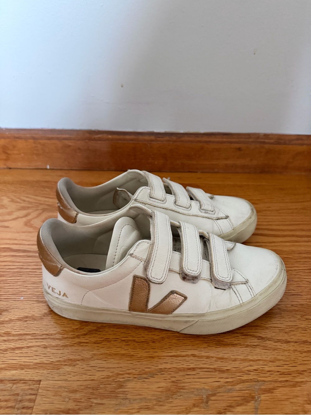 Veja Cream Sneakers with Gold 'V' Accent and Triple Velcro